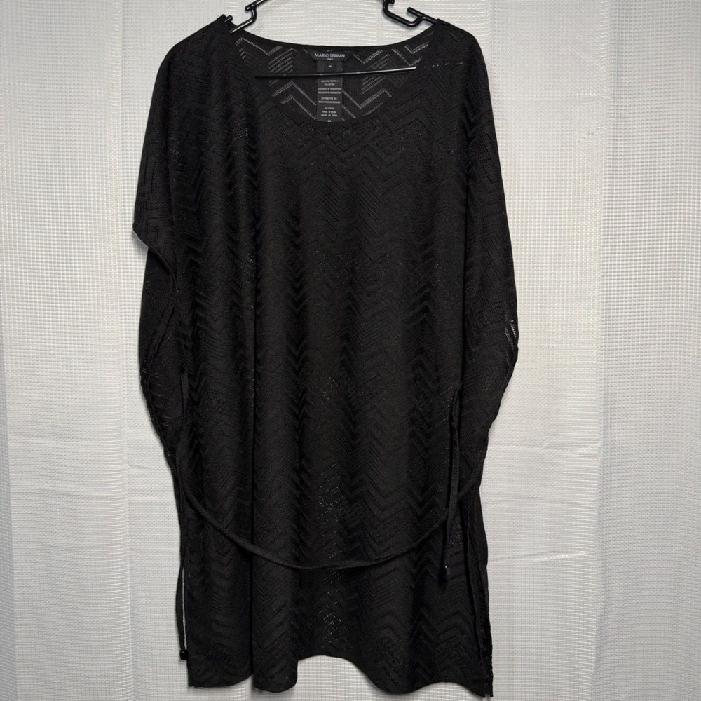 Mario‎ Serrani Knit Swim Cover Up M Black Chevron Sheer Poncho